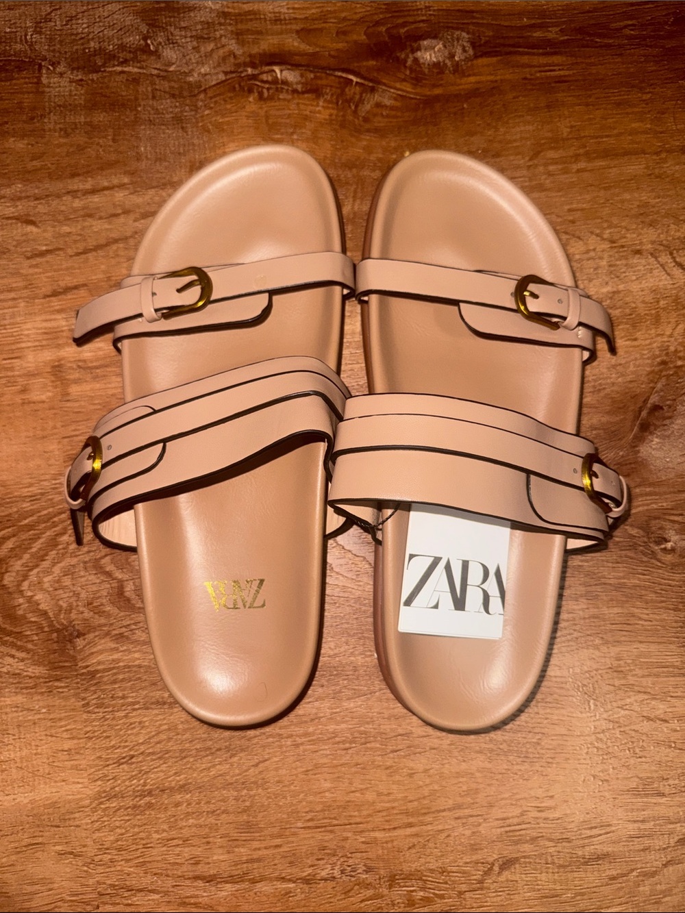 NWT Zara Ecru Off White Double Strap Buckle Flat Sandals